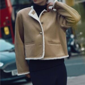 Zara Women's Double Faced Gold Tone Buttoned Tan Jacket with White Trim Size M